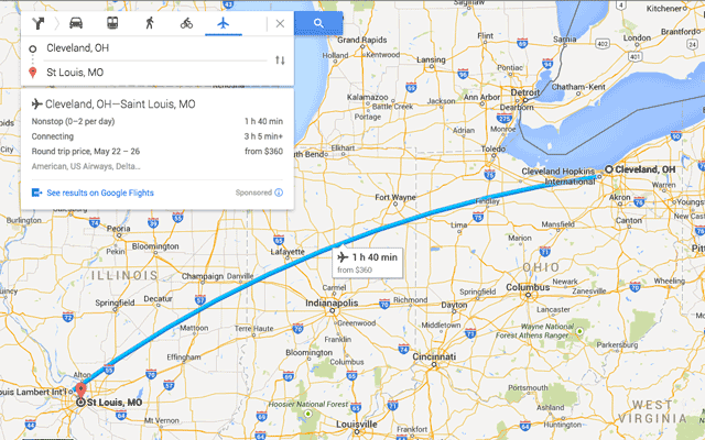 Google Maps route from St. Louis, MO to Cleveland, OH via airplane